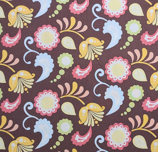 2009 Brother Sister Design Studio 10-SEREND-12 - Brown Fabric / Pink, Pale Blue, Pale Green, Yellow, Gold, White Retro Flower Print