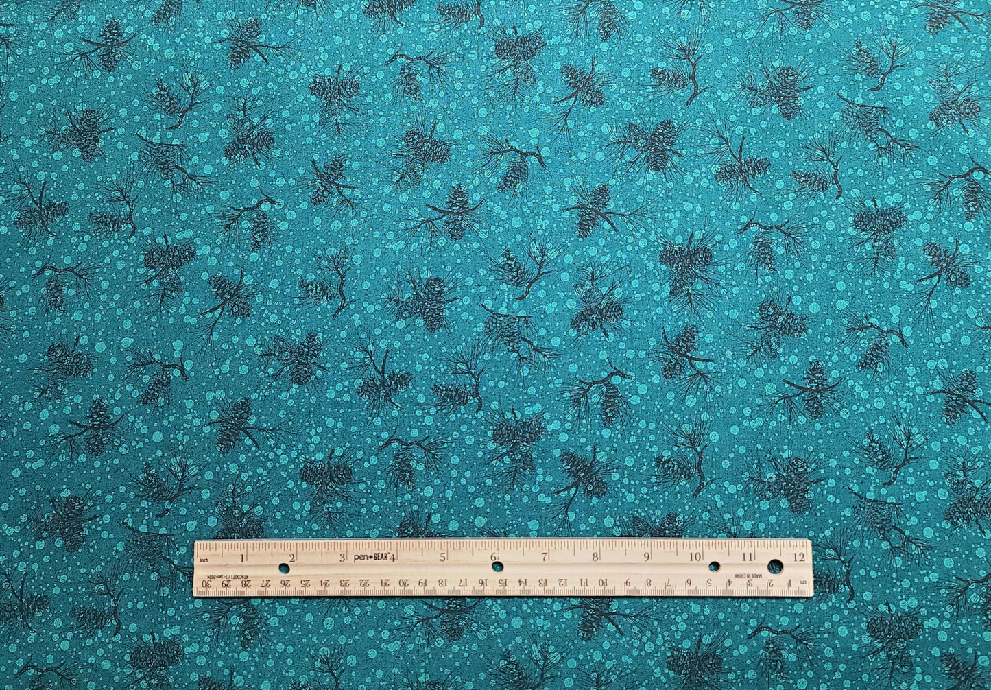 Quilters Only Springs Industries - Forest Green Fabric / Black Pine Bough and Cone / Light Green "Snow" Print