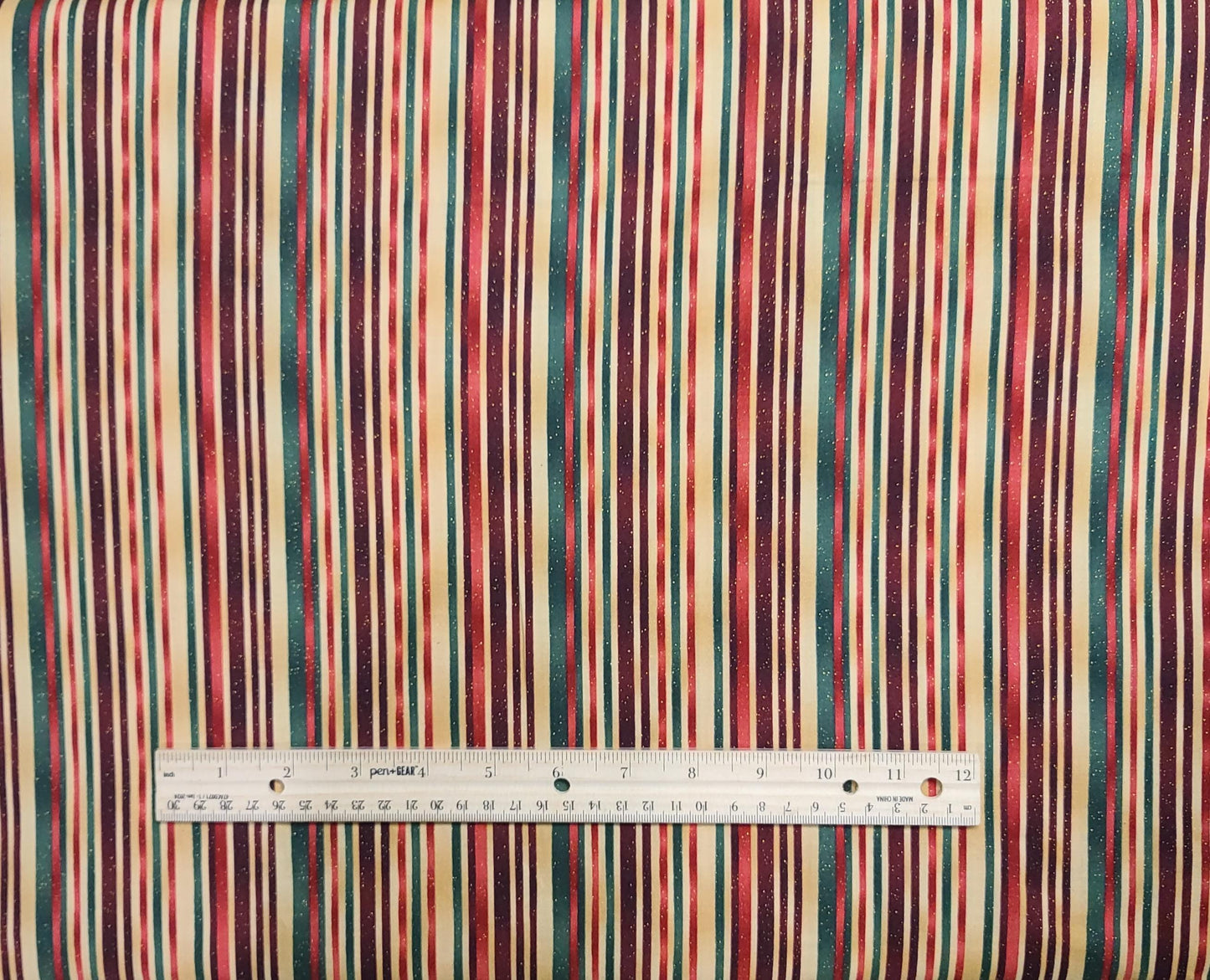 239 Presence of Line by Maywood Studio EESCO - Tan, Burgundy, Red, Green Vertical Stripe (Parallel to Selvage) Fabric / Gold Metallic Flecks