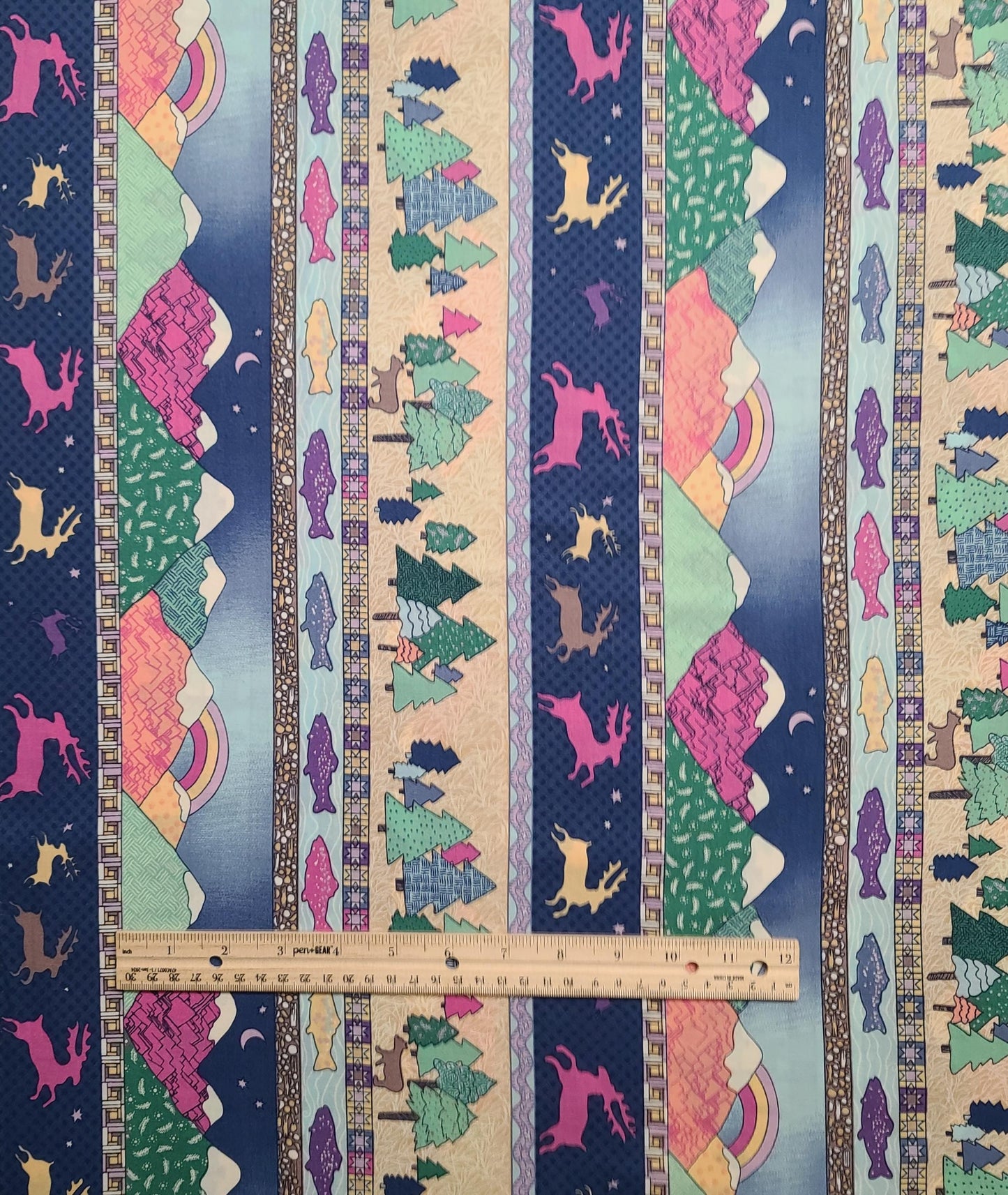 Pine Brook Collection by Jean Wells for P&B Textiles - Navy, Pink, Green, Tan Wildlife, Fish, Mountains Border Stripe Print - Pink Colorway