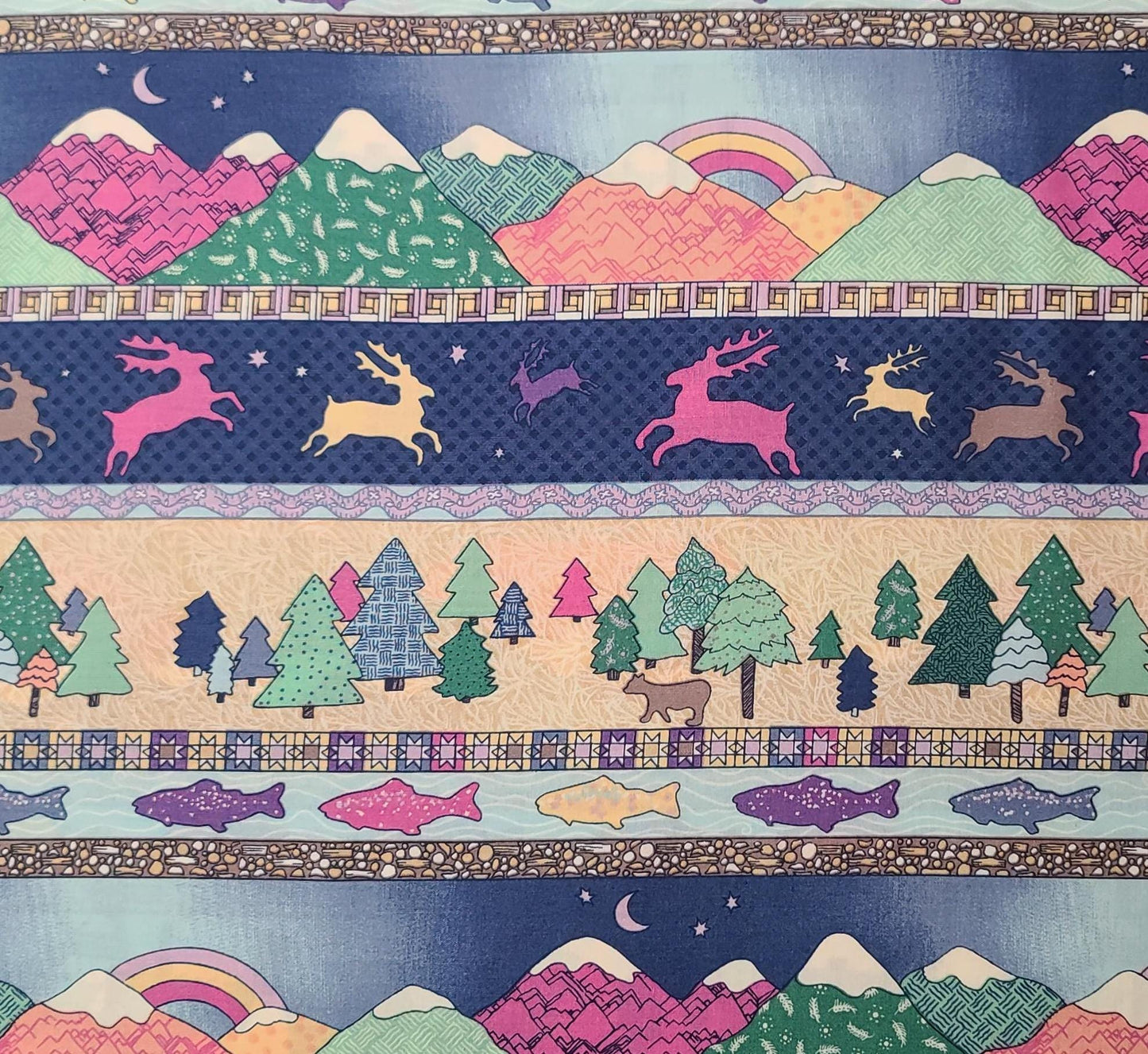 Pine Brook Collection by Jean Wells for P&B Textiles - Navy, Pink, Green, Tan Wildlife, Fish, Mountains Border Stripe Print - Pink Colorway