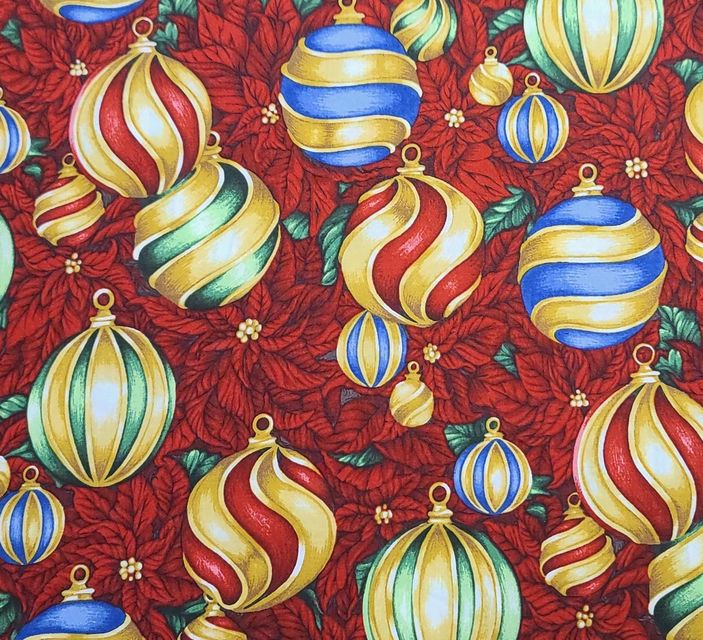 Christmas in Bloom by Cedar West for Clothworks 2023 - Red Poinsettia Background Fabric / Red, Green, Blue, Gold Grand Ornament Print