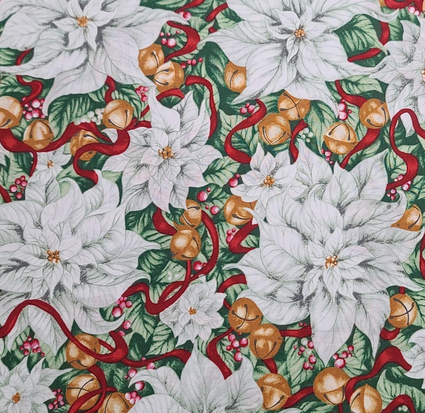 EOB - Christmas in Bloom by Cedar West for Clothworks 2023 - Green Poinsettia Leaf Background Fabric/White Poinsettia/Gold Bell, Red Ribbon