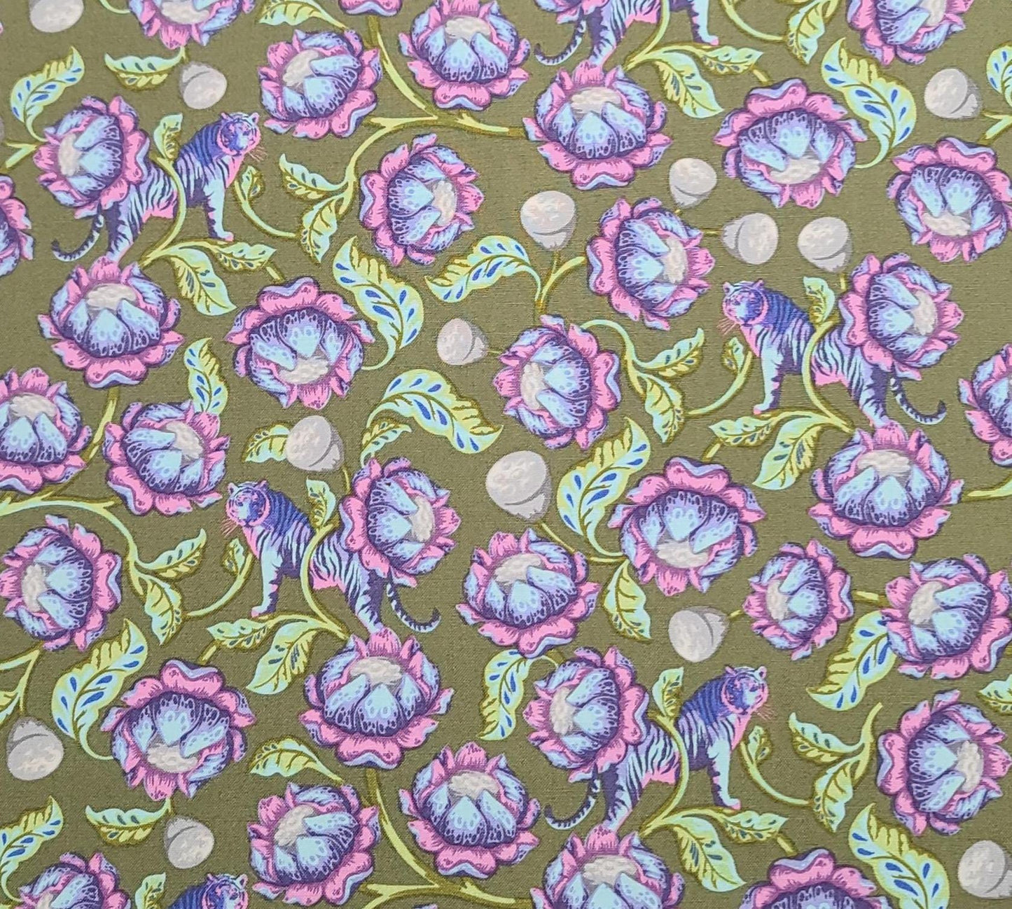 EOB - FreeSpirit Presents Eden by Tula Pink PWTP071 Lotus - Green Fabric / White, Purple, Pink Lotus Blossom and Tiger Print