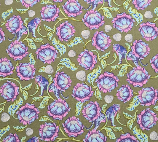 FreeSpirit Presents Eden by Tula Pink PWTP071 Lotus - Green Fabric / White, Purple, Pink Lotus Blossom and Tiger Print