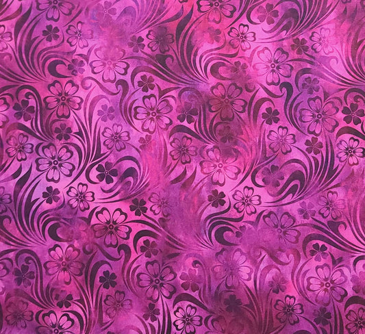 Rainbow of Jewels by Jason Yenter for In the Beginning Fabrics 2020 - Raspberry, Pink, Purple "Batik-Style" Flower Print Fabric