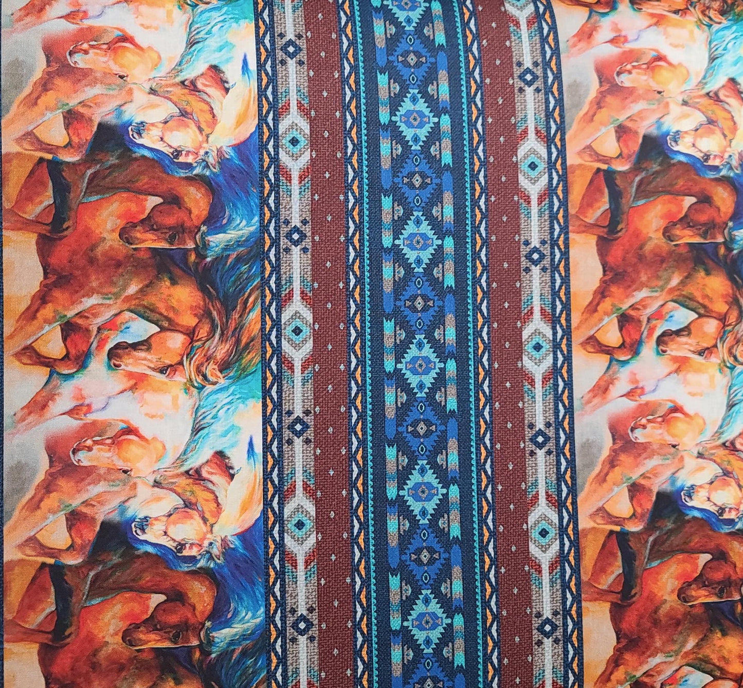 Born to Run Marcia Baldwin for Benartex Style 4162 - Brown, White, Blue, Turquoise Horse Print Border Stripe Fabric