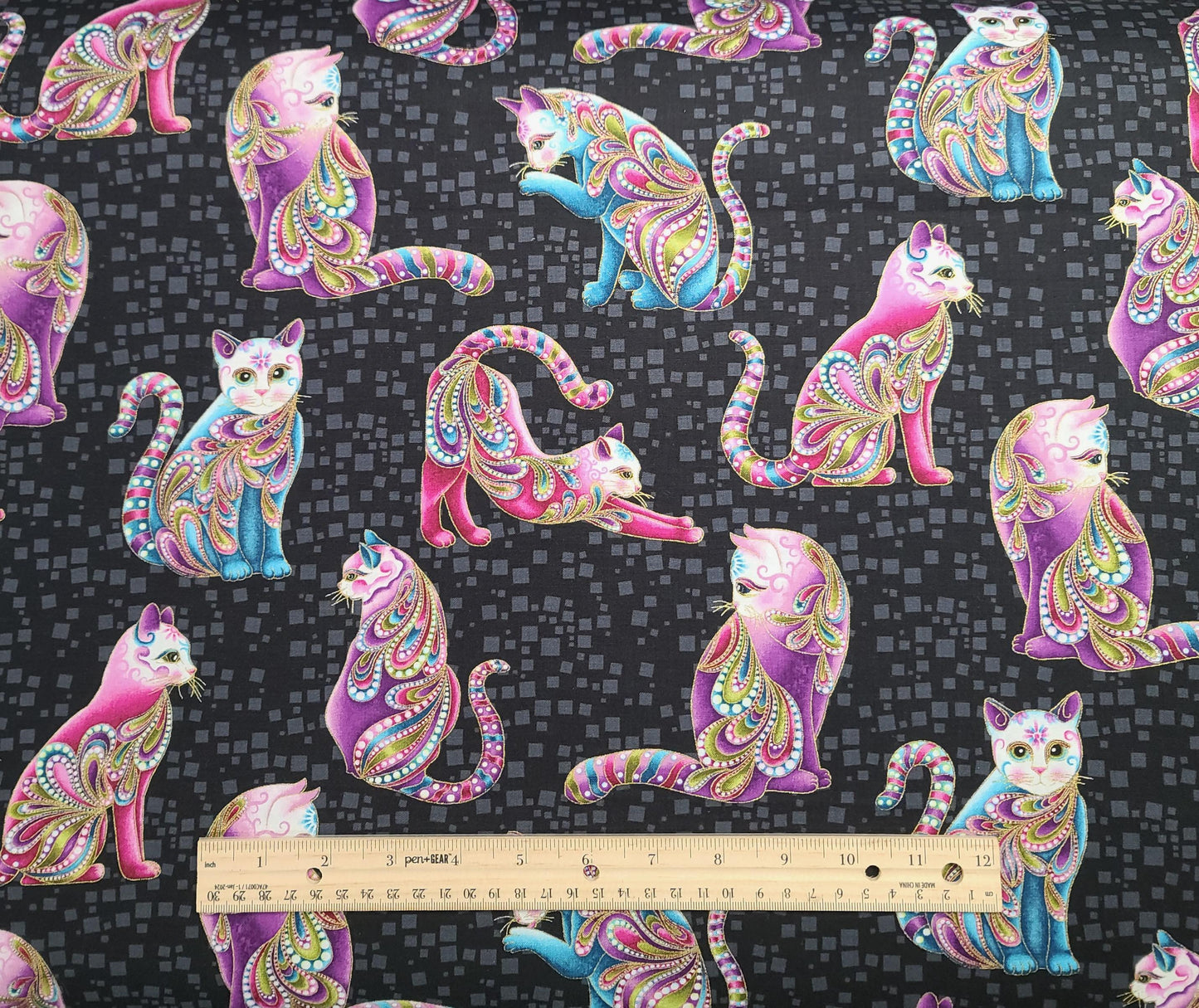 Cat-I-Tude Ann Lauer Grizzly Gulch Gallery Benartex #4201M - Black Fabric, Gray Blocks/White Cat Print/Pink, Teal, Purple/Gold Met Accent