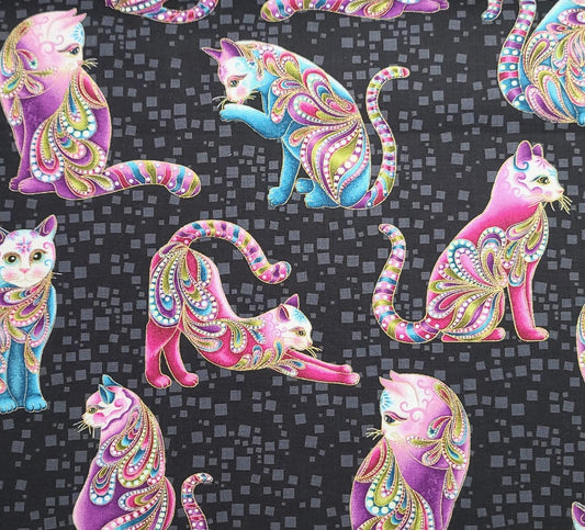 Cat-I-Tude Ann Lauer Grizzly Gulch Gallery Benartex #4201M - Black Fabric, Gray Blocks/White Cat Print/Pink, Teal, Purple/Gold Met Accent