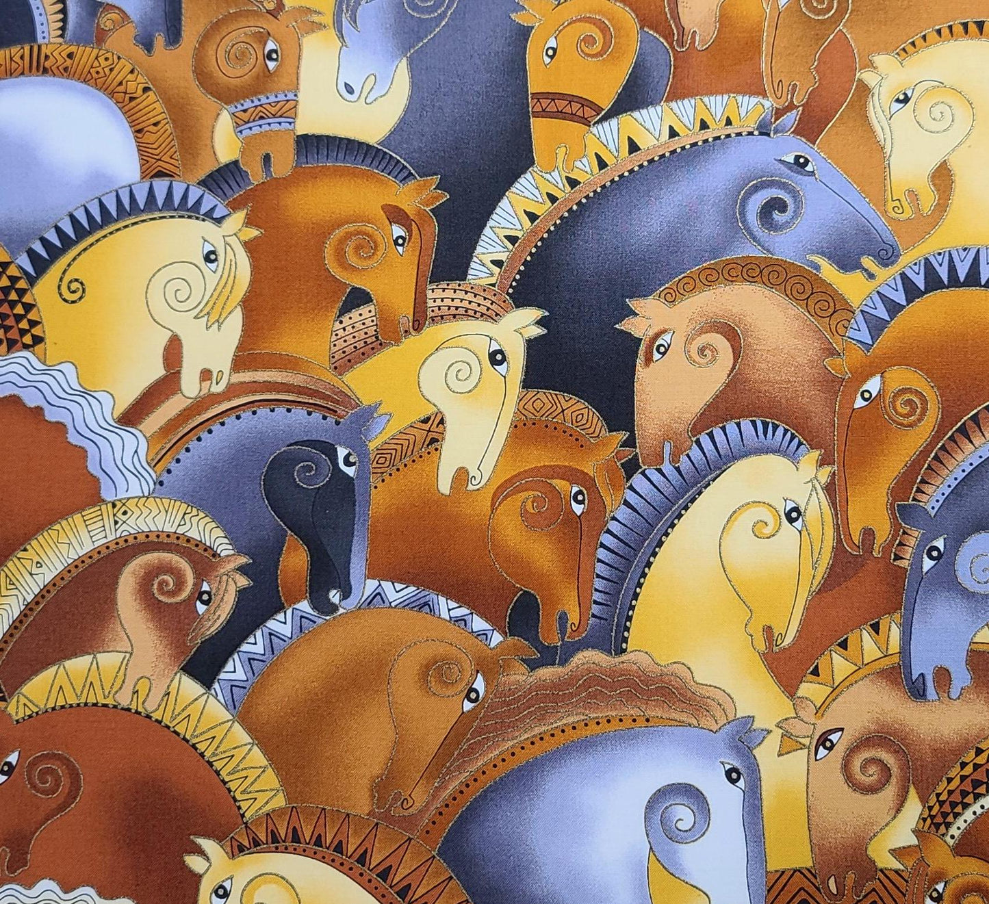 Embracing Horses by Laurel Burch for Clothworks - Tan, Rust, Gray, White Packed Horse Print Fabric