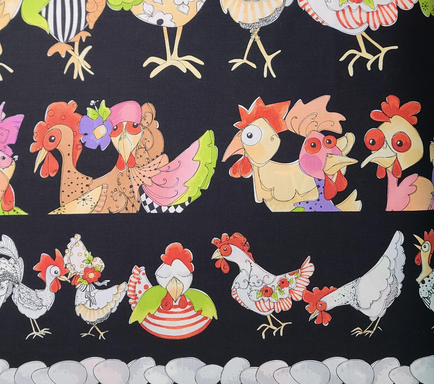 Chicken Strips Loralie Harris for Loralie Designs - Black, Red, White, Bright Green Chicken Print Border Stripe Fabric