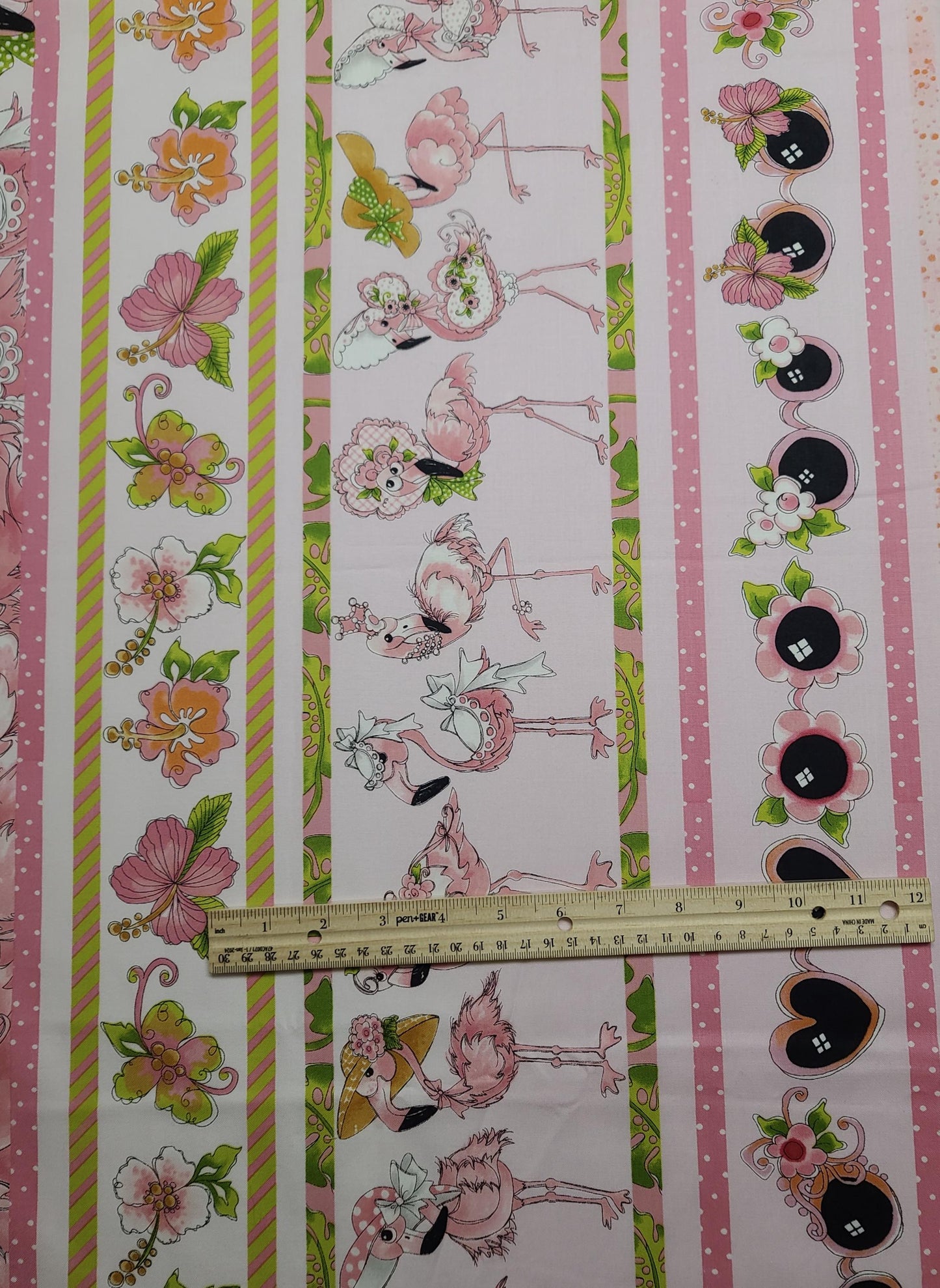 Flam Borders Loralie Harris for Loralie Designs - Pale Pink Flamingos in Fancy Hats Border Stripe Fabric