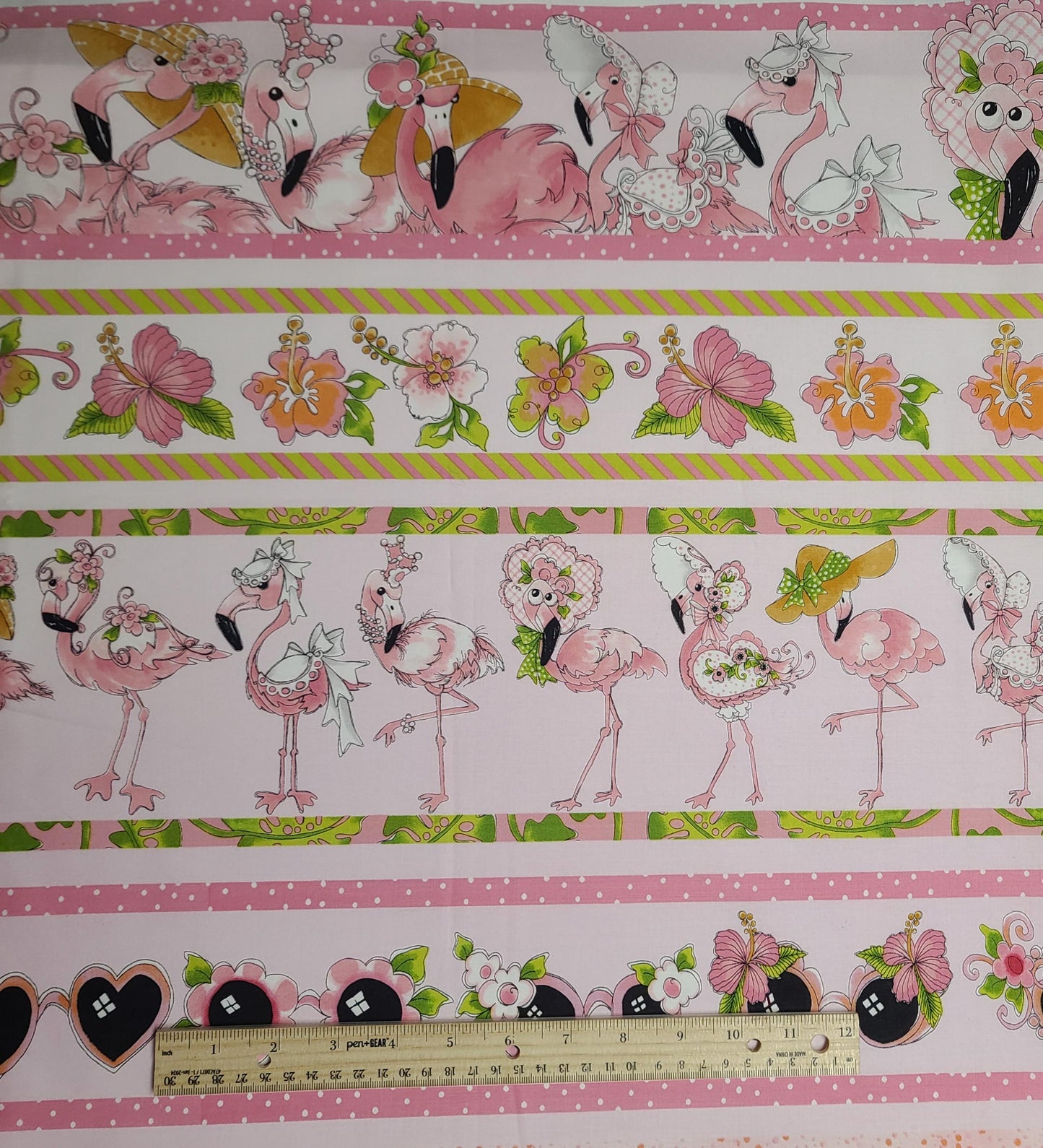 Flam Borders Loralie Harris for Loralie Designs - Pale Pink Flamingos in Fancy Hats Border Stripe Fabric