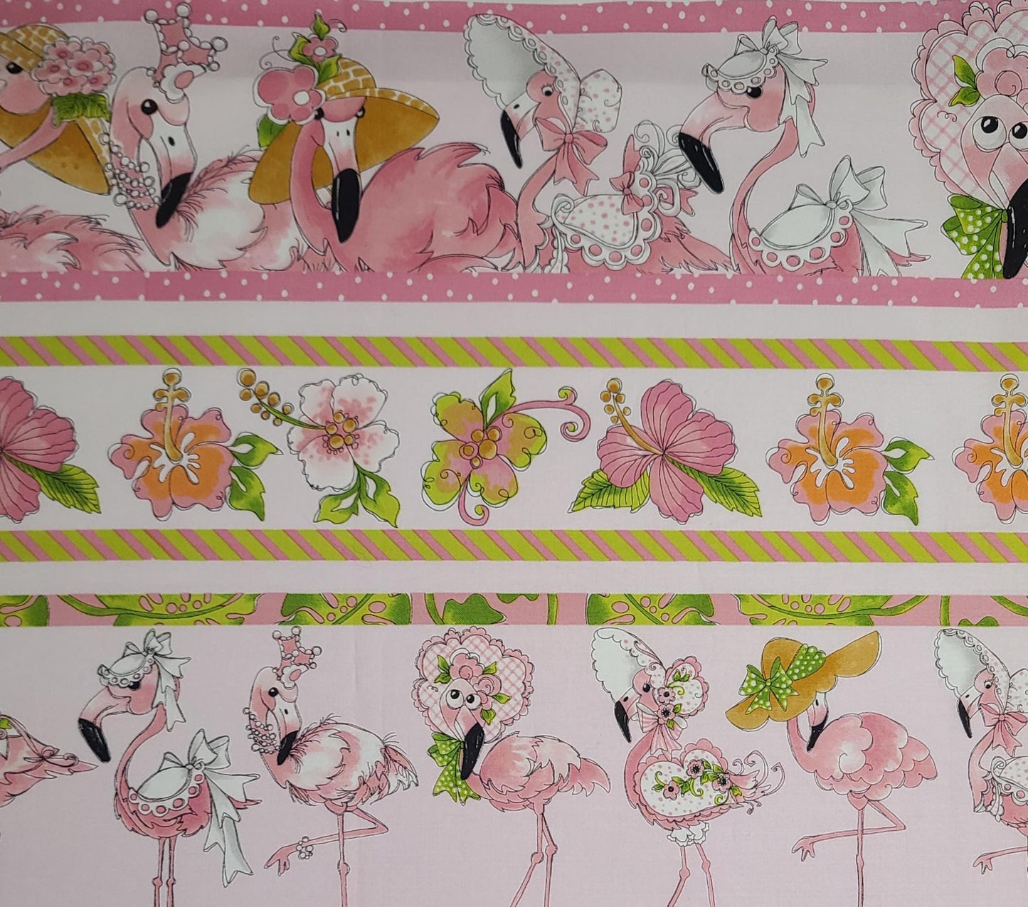 Flam Borders Loralie Harris for Loralie Designs - Pale Pink Flamingos in Fancy Hats Border Stripe Fabric