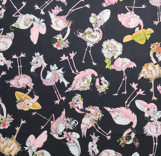 Tossed Flams Loralie Harris for Loralie Designs - Black Fabric / Pale Pink, White Tossed Flamingo Print Fabric