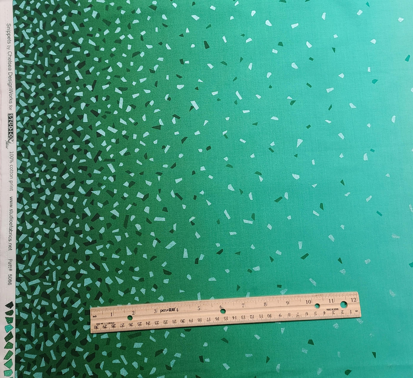 Snippets by Chelsea Design Works for Studio E Fabrics Patt#5086 - Emerald Green to Aqua Ombre Fabric/Dark Green to Aqua Foil Confetti Print