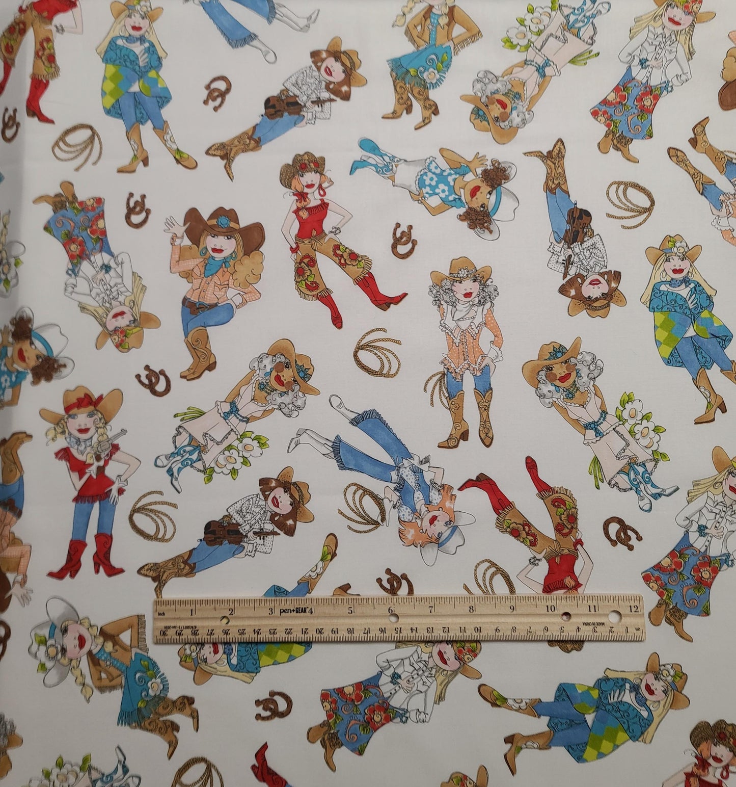 Tossed Cowgirls  Loralie Harris for Loralie Designs - White Fabric / Red, Blue, Tan Tossed Cowgirl Print