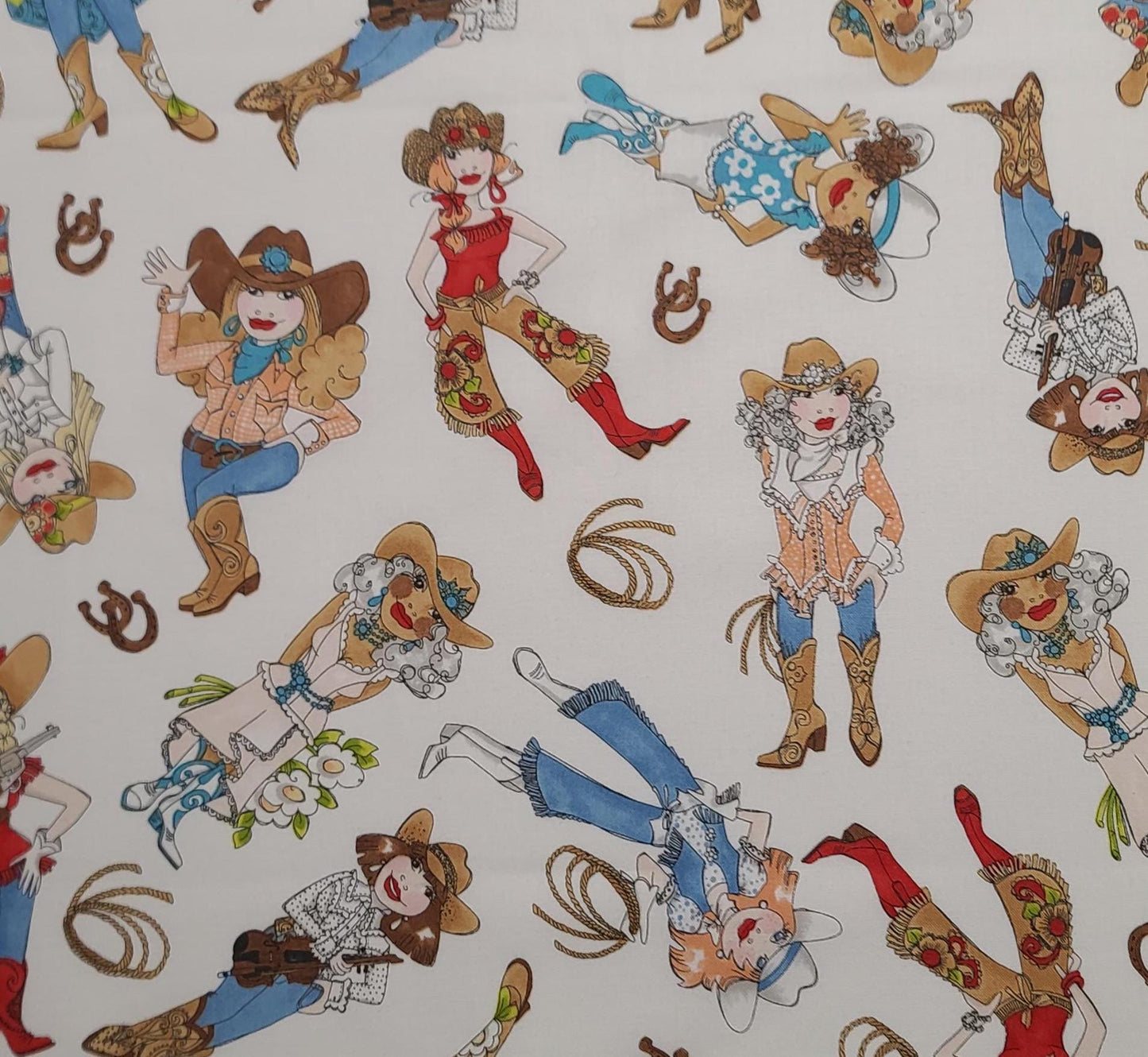 Tossed Cowgirls  Loralie Harris for Loralie Designs - White Fabric / Red, Blue, Tan Tossed Cowgirl Print