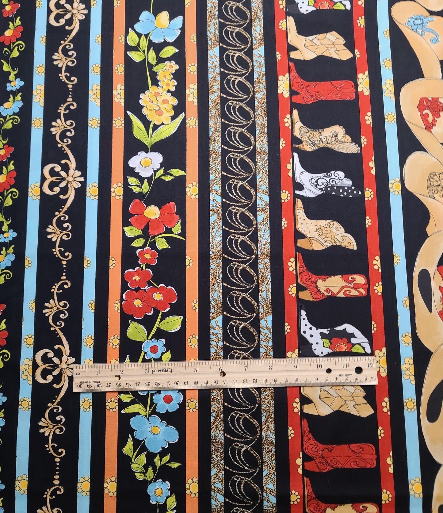 Whoa Borders Loralie Harris for Loralie Designs - Black Fabric / Red, Turquoise, Tan Hats, Boots, Flowers, Lariat Border Stripe Print