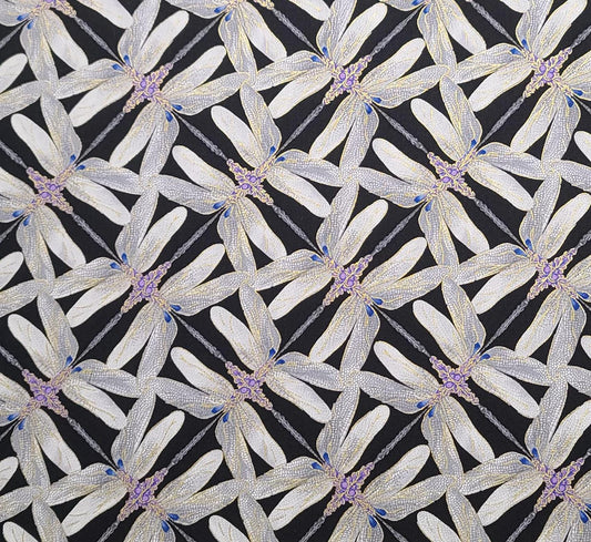 Dragonfly Dance by Kanvas with Benartex Pattern #PINWHEEL GEO-CM8502 - Black Fabric / Gray, Lavender Dragonfly Print / Gold Metallic Accents