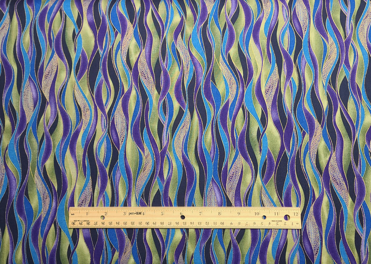 Dragonfly Dance by Kanvas Benartex Pattern #DANCING WAVES-CM8503 - Black, Green, Blue, Purple Gradient Wave Pattern Fabric / Gold Met Accent