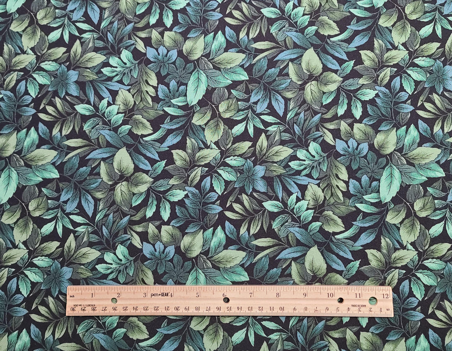 Country Side by Hoffman International Fabrics - Black Fabric / Teal, Green, Turquoise Packed Leaf Print