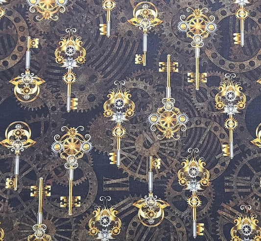 Rubin Design Studio Style# RUPOS9CF - Black Fabric / Brown Clockworks Background / Gold, Gray, White Key Print