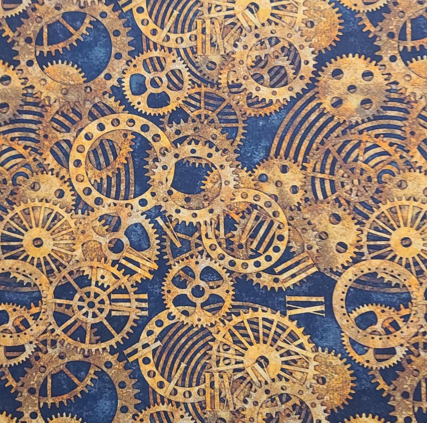 EOB - Rubin Design Studio Style# RUPOS4NU - Steel Blue Tonal Fabric / Gold, Tan Clockworks Print