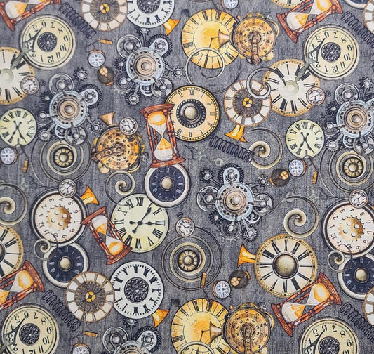 Dan Morris Design 2022 for QT Fabrics - Gray Fabric / Gold, Tan, White, Black Clock and Clockworks Print