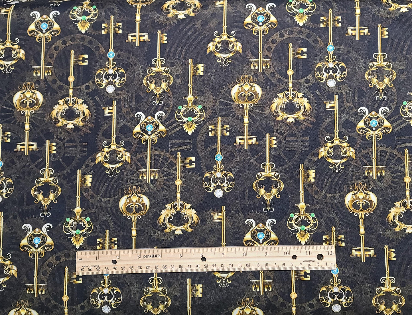 Rubin Design Studio Style #RUPOSHMC - Black Fabric / Brown Clockworks Background / Gold, Gray, White Key Print / Blue and Green "Jewels"