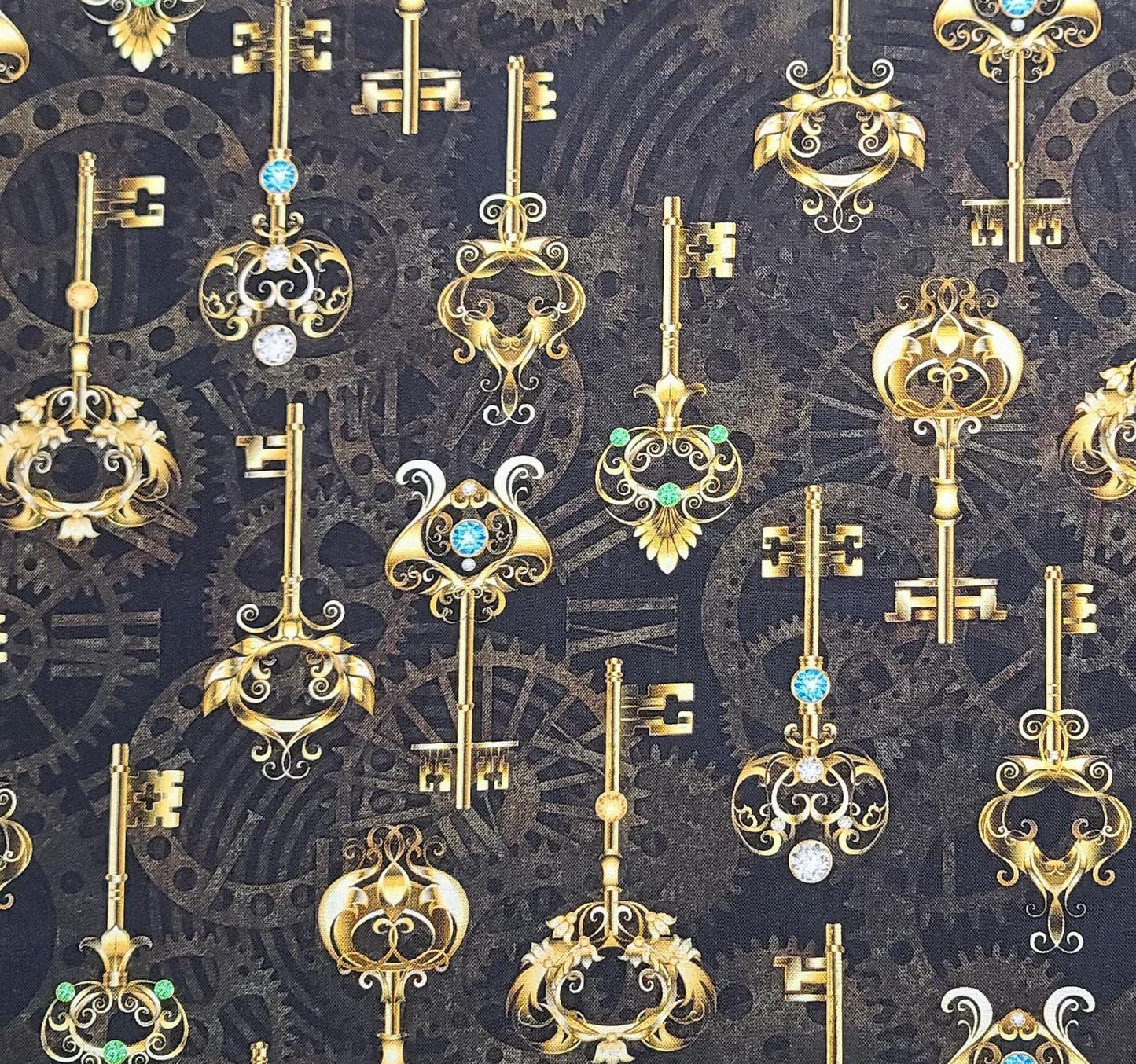 Rubin Design Studio Style #RUPOSHMC - Black Fabric / Brown Clockworks Background / Gold, Gray, White Key Print / Blue and Green "Jewels"