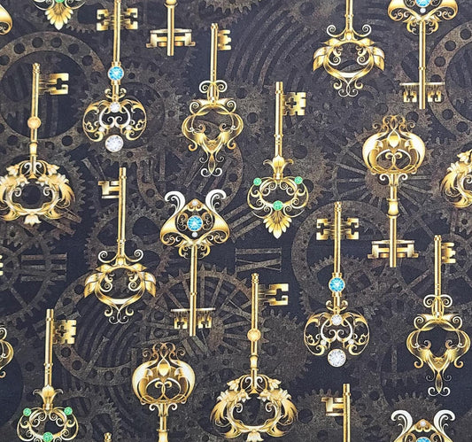 Rubin Design Studio Style #RUPOSHMC - Black Fabric / Brown Clockworks Background / Gold, Gray, White Key Print / Blue and Green "Jewels"