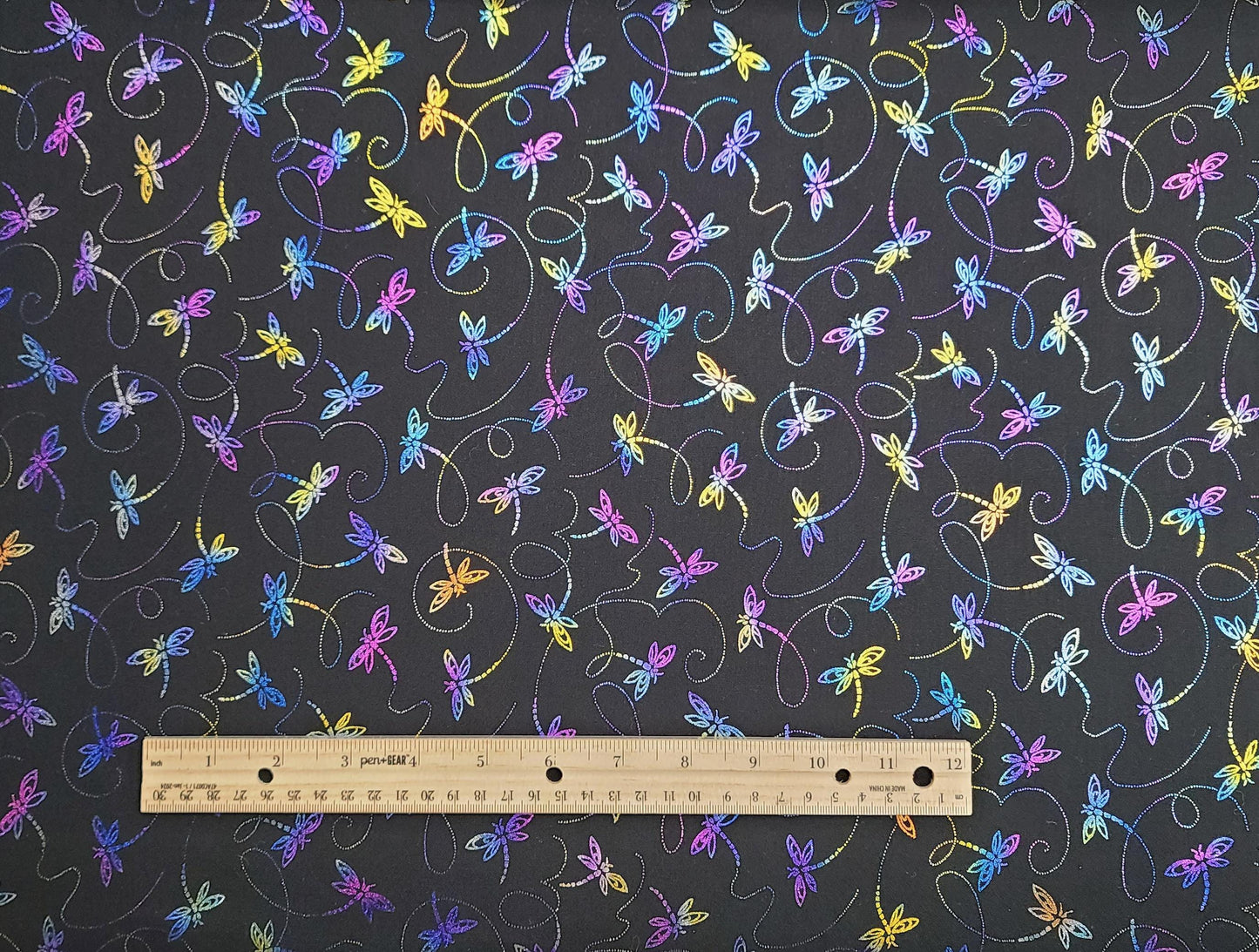 822 Razzle Dazzle by Maywood Studio EESCO - Black Fabric / Purple, Yellow, Blue, Green, Iridescent Dragonfly Print