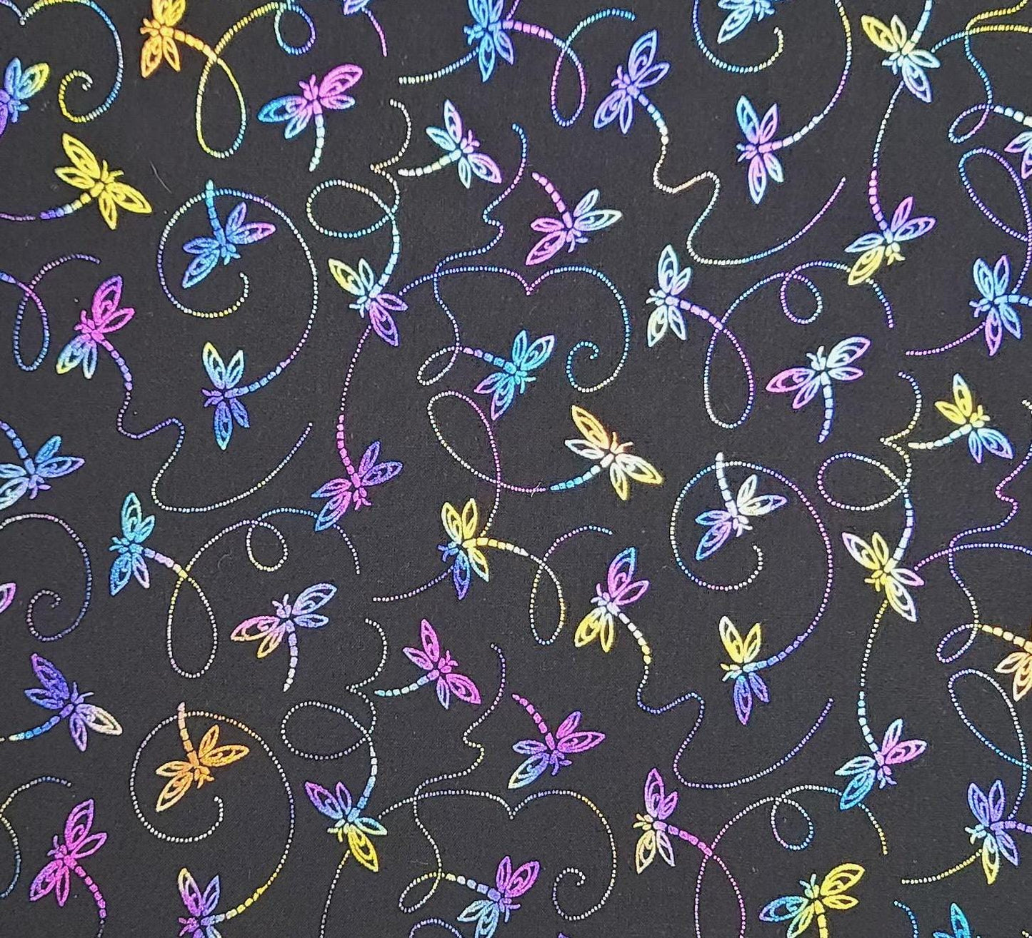 822 Razzle Dazzle by Maywood Studio EESCO - Black Fabric / Purple, Yellow, Blue, Green, Iridescent Dragonfly Print