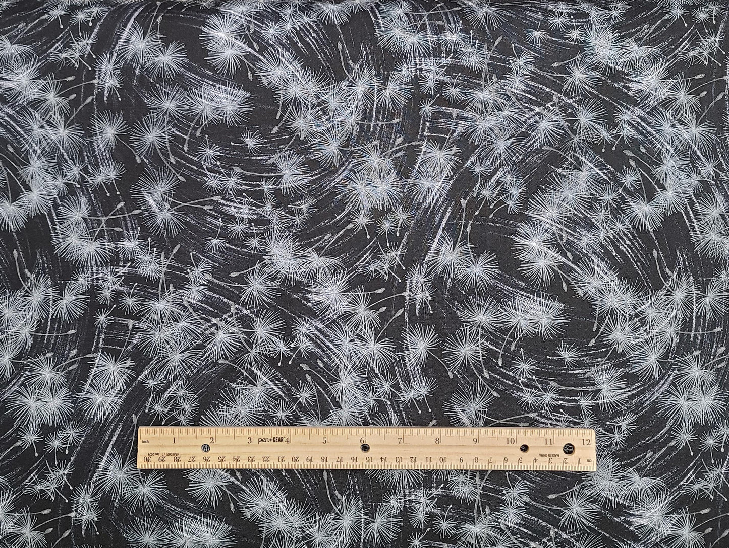 NATURE-C2194 Hi-Fashion Fabrics, Inc 1999 - Black Fabric / White Dandelion and Swirl Print