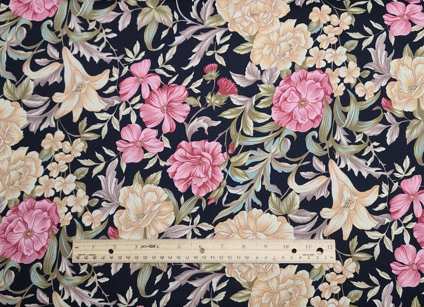 Coventry Collection by Hoffman California Fabrics, Inc - Black Fabric / Tan, Cream, Pink Large Flower Print