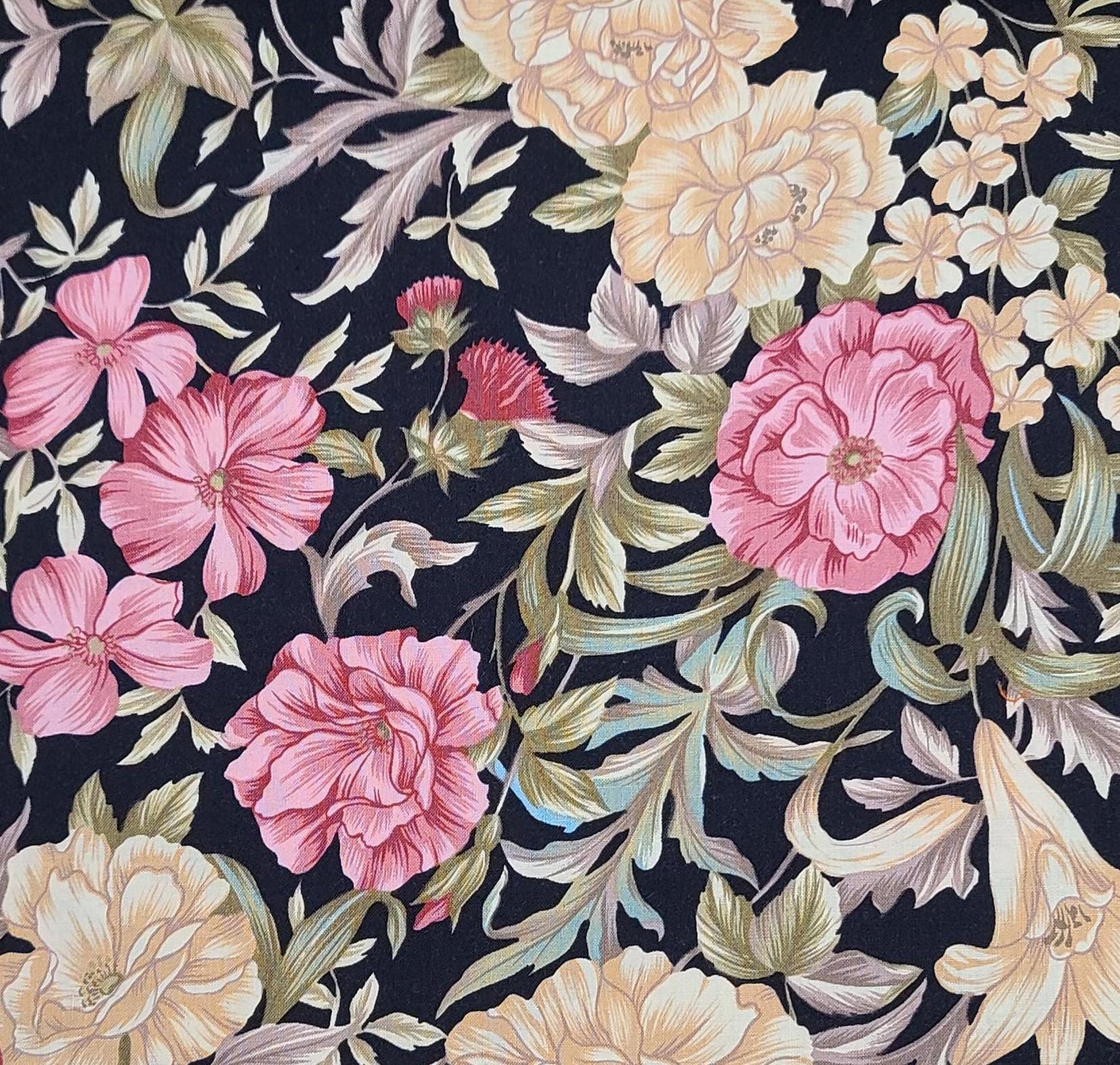 Coventry Collection by Hoffman California Fabrics, Inc - Black Fabric / Tan, Cream, Pink Large Flower Print