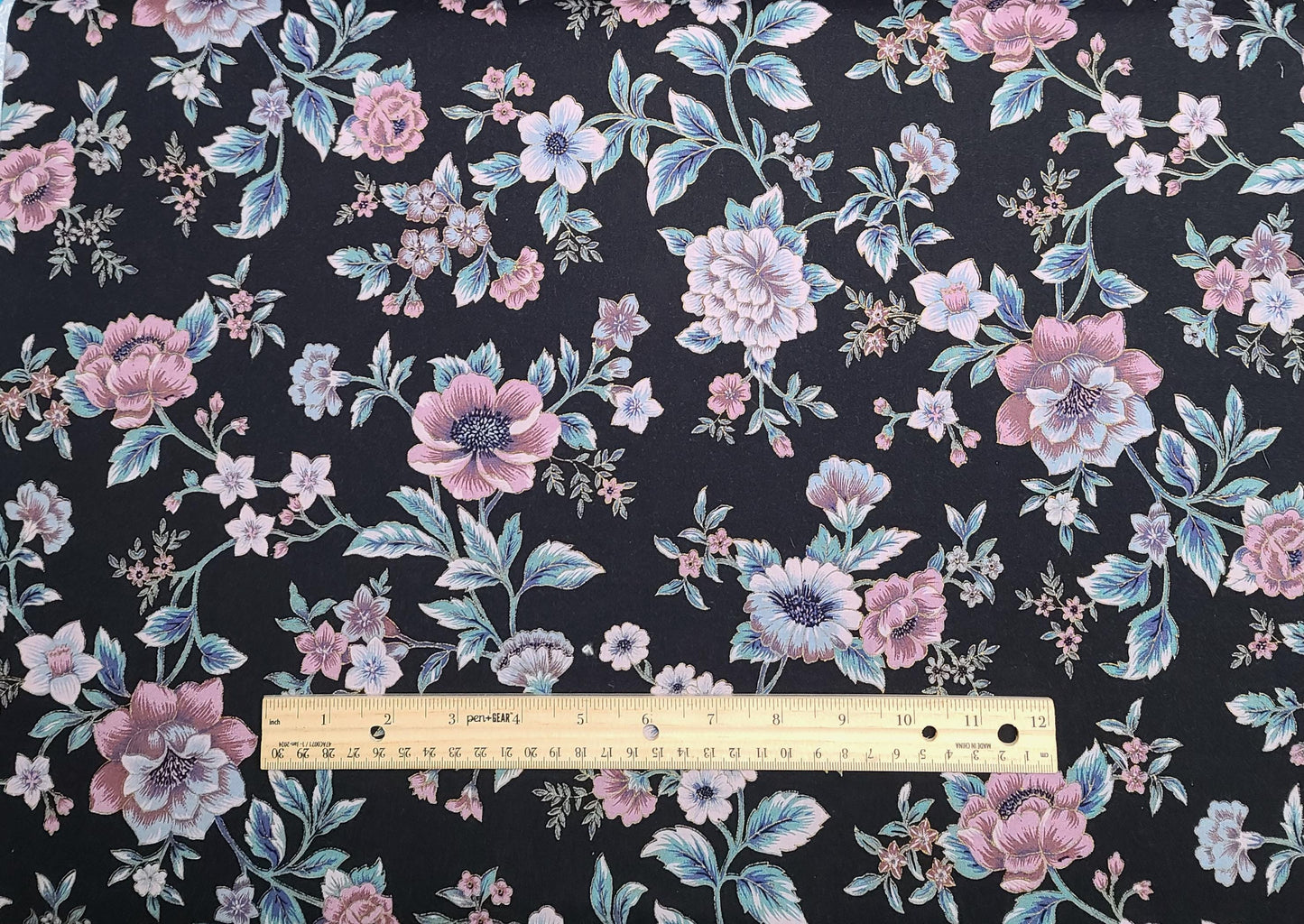 Joan Kessler for Concord Fabrics, Inc - Black Fabric / Large Mauve, Hunter Green, Pink Flower Print / Gold Metallic Accents