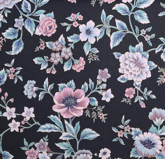 Joan Kessler for Concord Fabrics, Inc - Black Fabric / Large Mauve, Hunter Green, Pink Flower Print / Gold Metallic Accents