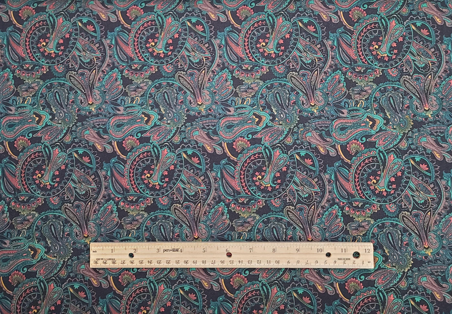 Black Fabric / Hunter Green, Plum, Tan, Packed Paisley Print - Selvage to Selvage Print