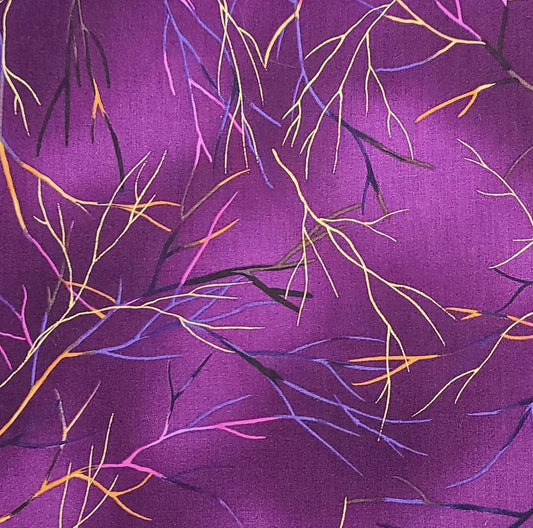 Gilded Branch The Alexander Henry Fabrics Collection 1998 - Plum Tonal Fabric / Pink, Blue, Gold Metallic Branch Print