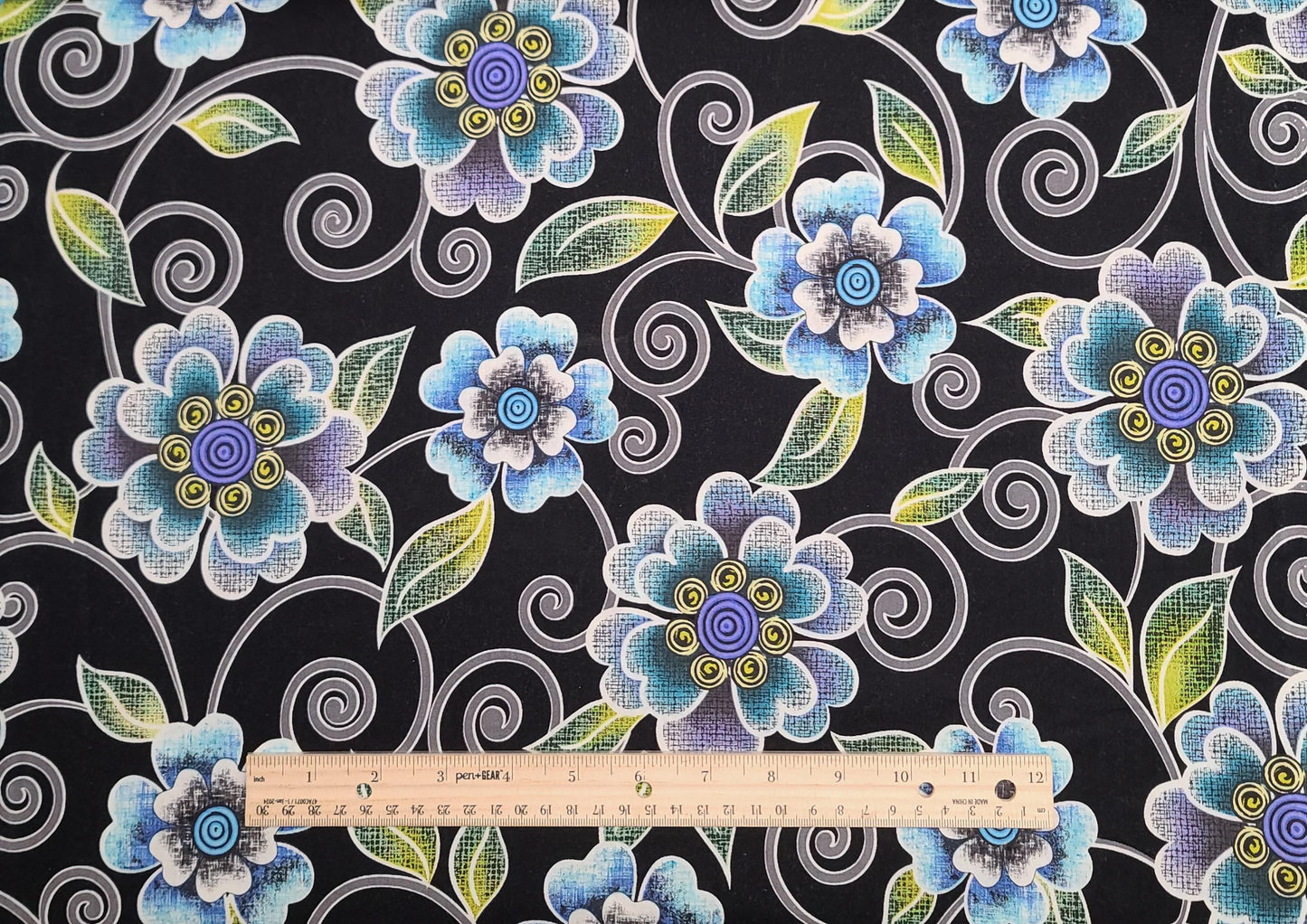 Urban Oasis by Kitty Yoshida for Benartex Style.P3370 - Black Fabric / Blue, White, Yellow, Taupe Large Flower Print