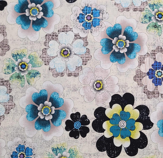 Urban Oasis by Kitty Yoshida for Benartex Style P3371 - White Fabric/Taupe "Grunge" Background / Teal, Aqua, Blue, Black, Green Large Flower