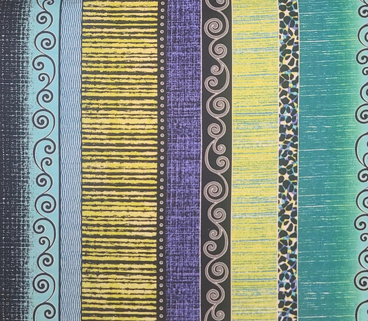 Urban Oasis by Kitty Yoshida for Benartex Style P3375 - Teal, Aqua, Black, Purple, Neon Yellow Vertical Stripe (Parallel to Selvage) Fabric