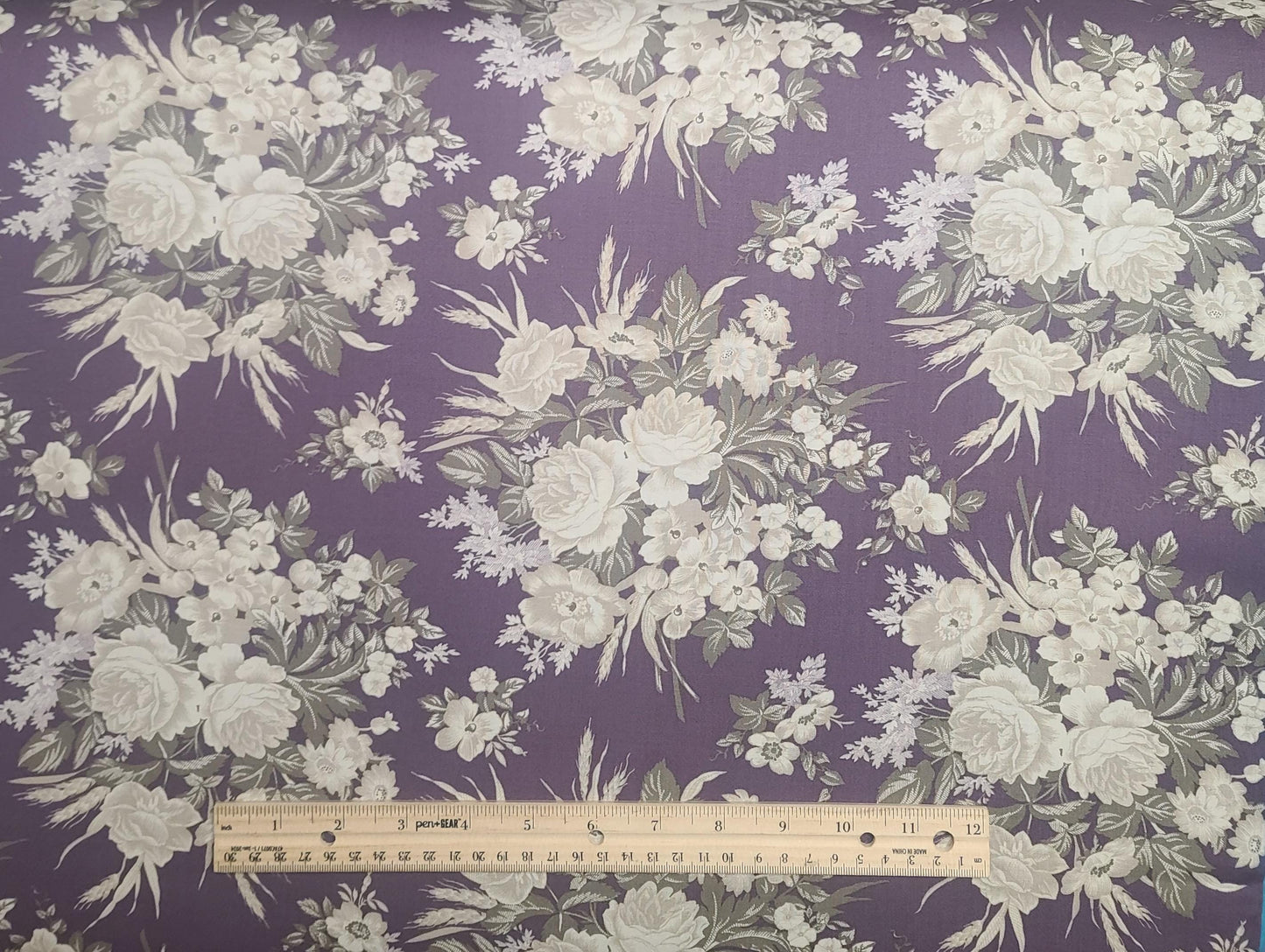 Putty & Mortar Marcus Fabrics Design 6752 - Plum Fabric / Tan, Khaki Flower Bouquet Print