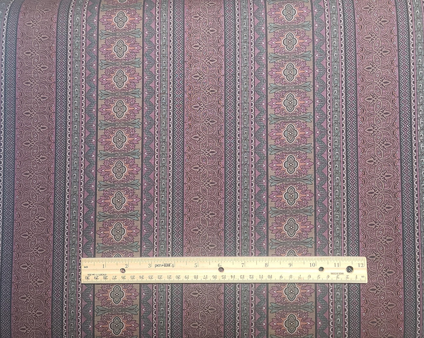 Jinny Beyer for RJR Fashion Fabrics - Maroon, Green, Tan, White Flower and Lace Border Stripe Print Fabric