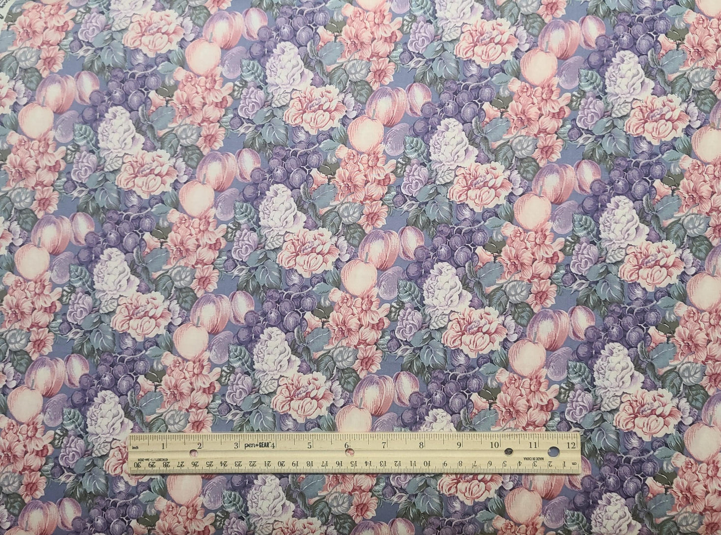 The Alexander Henry Collection - Denim Blue Fabric / Pink, Lavender, White, Green Packed Flower and Fruit Print