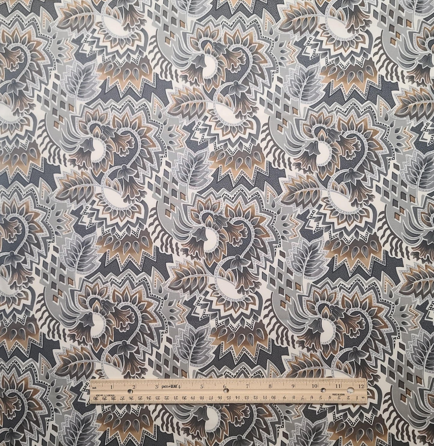 Patt#5954 Blank Textiles Inc - White Fabric / Black, Gray, Tan, Charcoal Geometric Flower Print