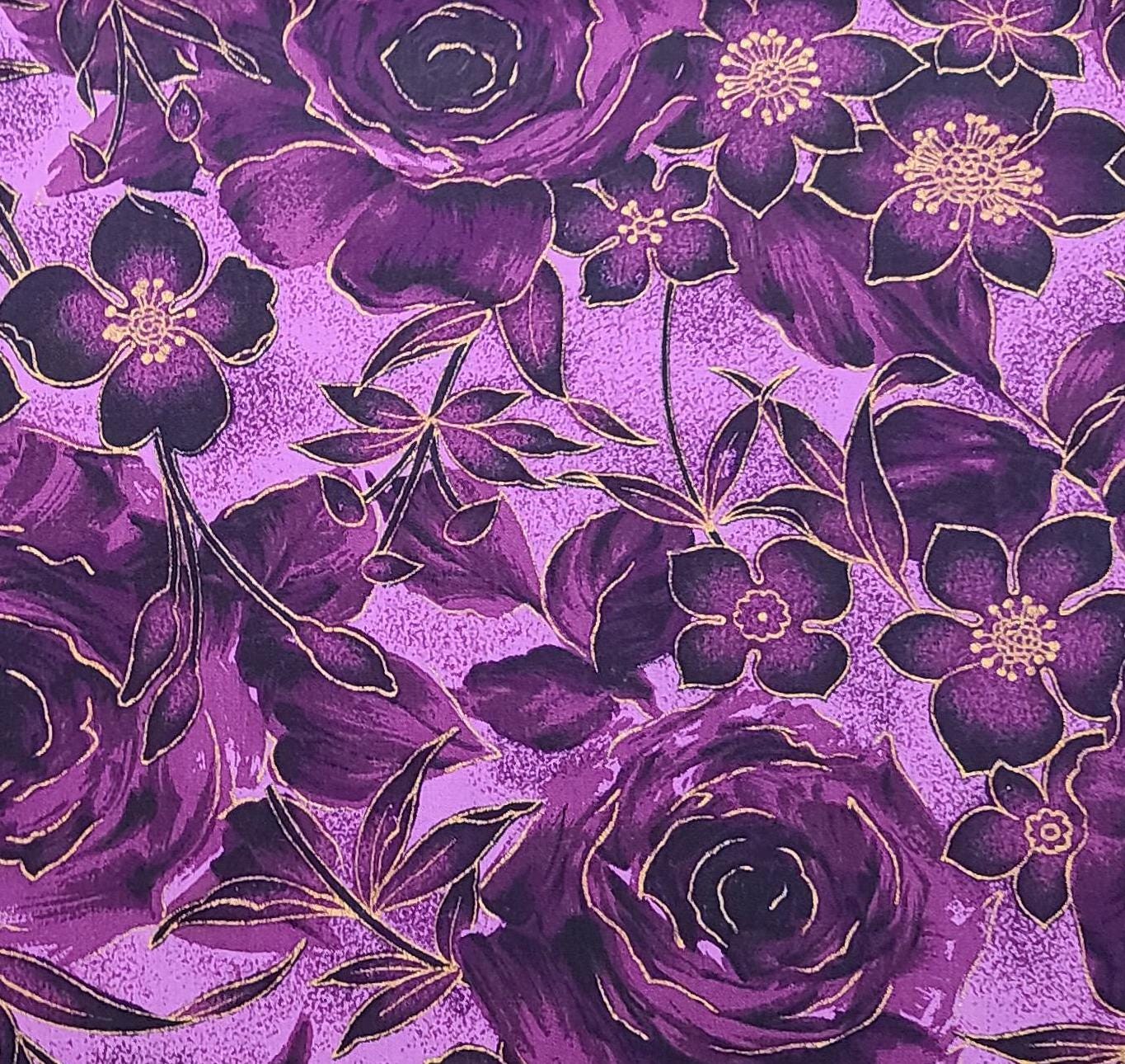 BATIK - 36" WIDE Hawaiian Textiles 6219 Lavender Fabric / Plum Floral Pattern / Gold Metallic Accents