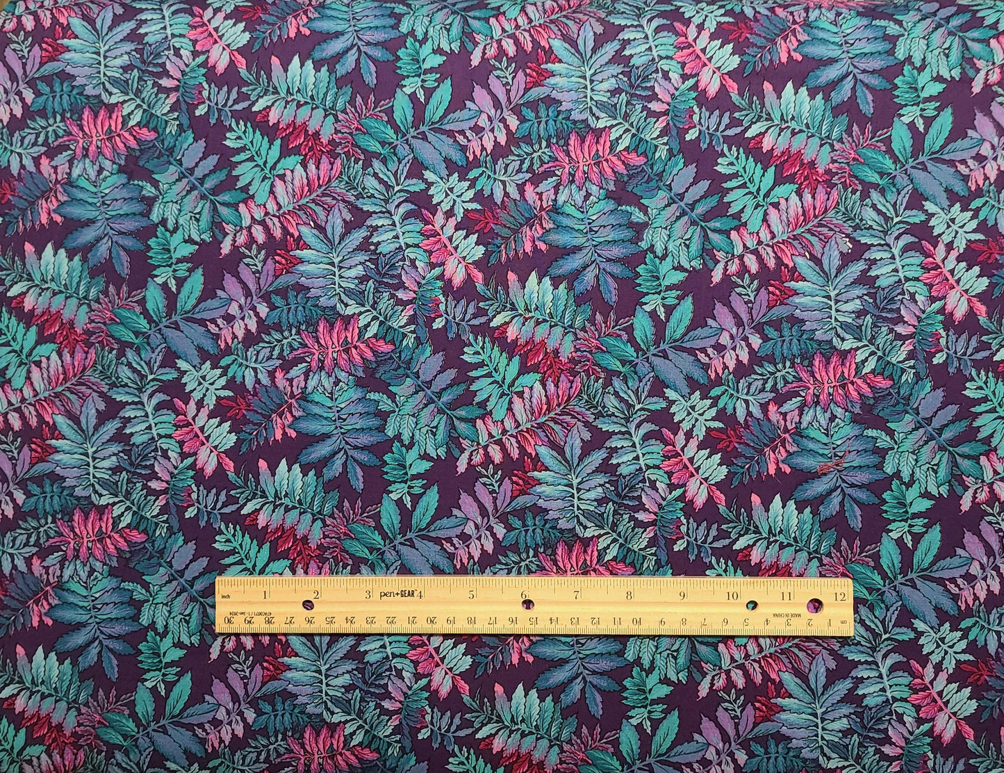 Pheasant Hill by Hoffman International Fabrics - Plum Fabric / Teal and Bright Pink Packed Leaf Print